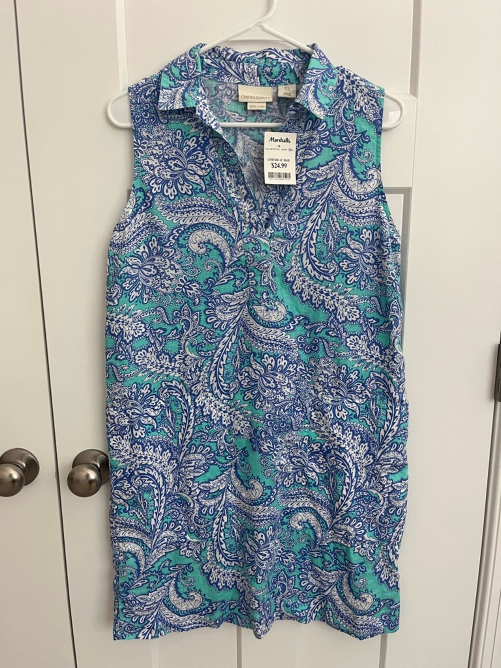 Cynthia Rowley 100% Linen Sleeveless Tunic Dress Paisley Blue Green Size 6 NWT